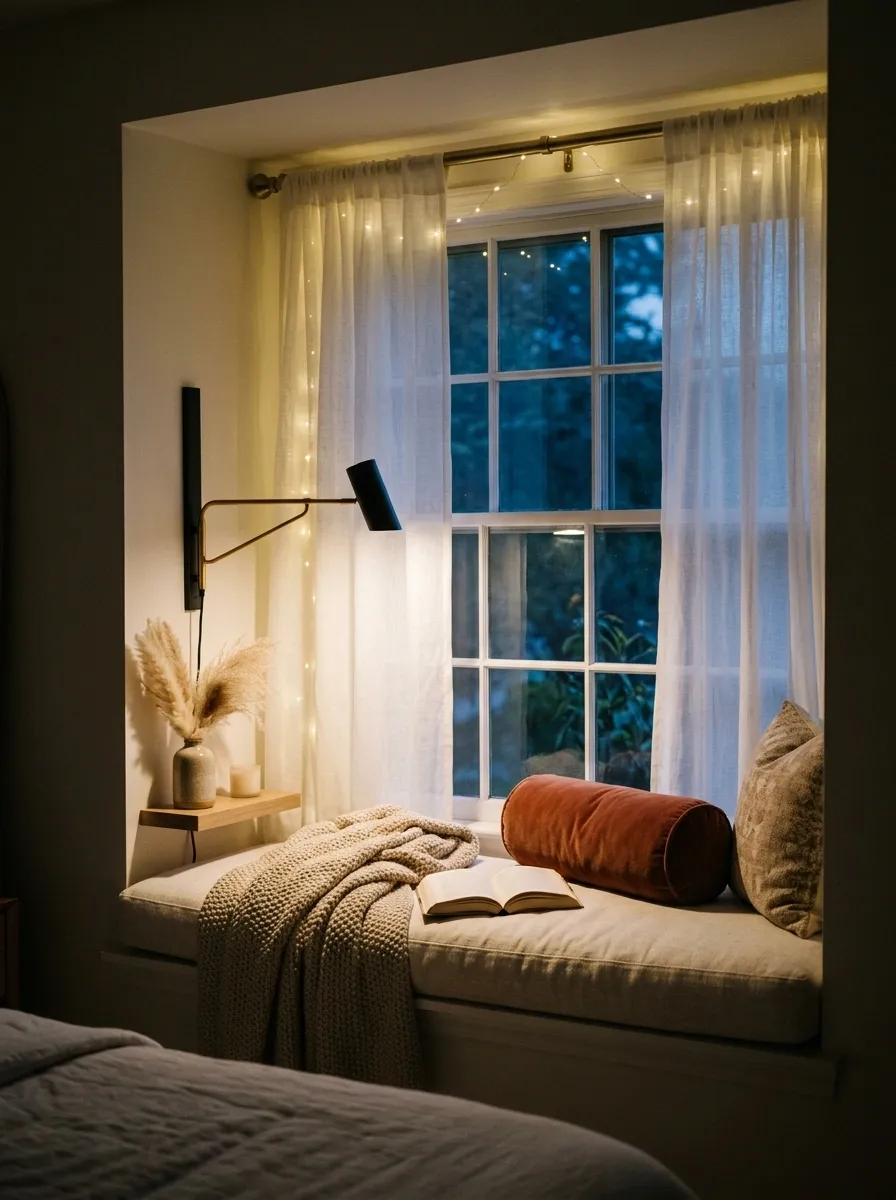 Bedroom Window Seat With a Night Reading Glow