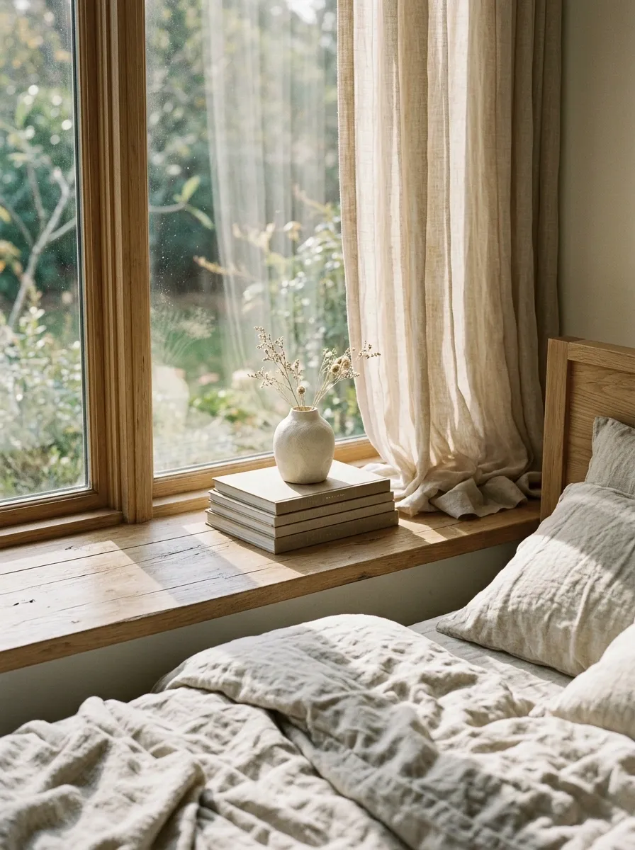 Bedroom Window With Books, Soft Textiles, and Gentle Light
