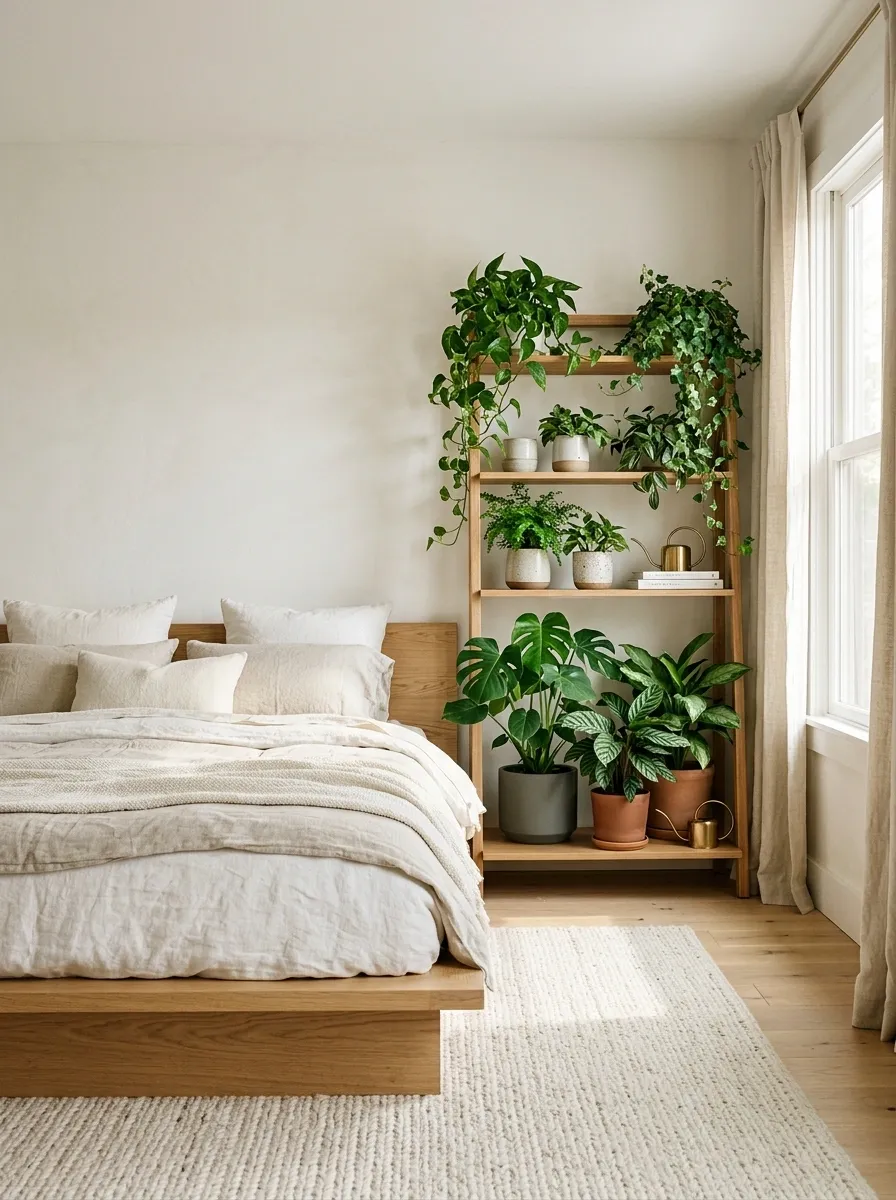 Bedroom With a Dedicated Plant Shelf and Natural Wood Furniture