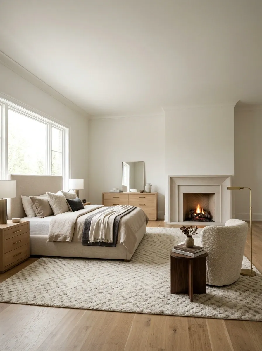 Bedroom With a Fireplace, Upholstered Bed, and Quiet Seating Area