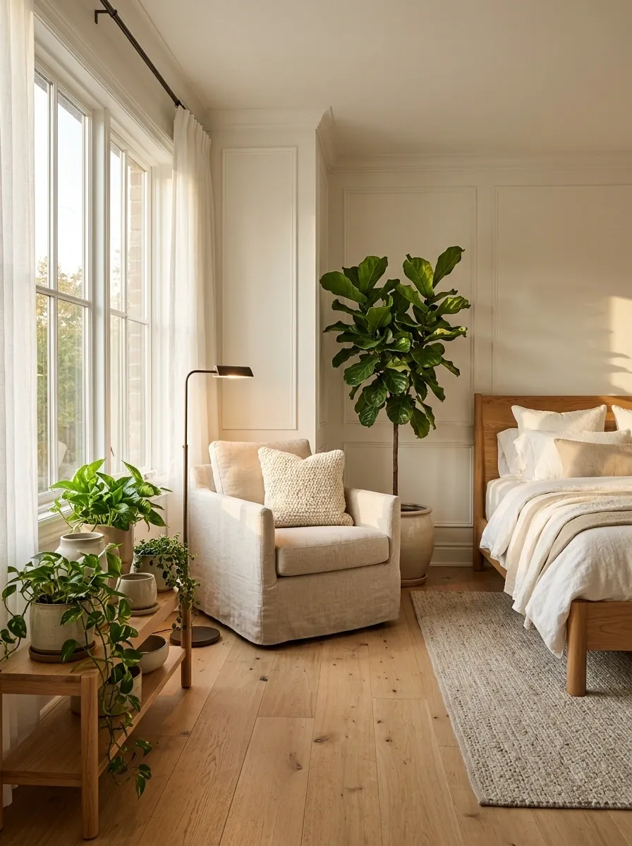 Bedroom With a Greenery-Filled Window Corner