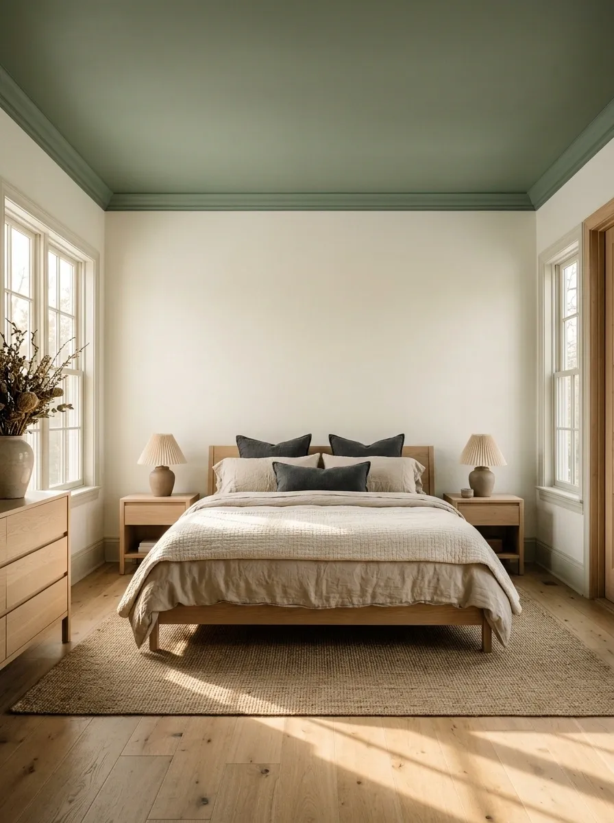 Bedroom With a Painted Ceiling and a Quiet, Grounded Bed Wall