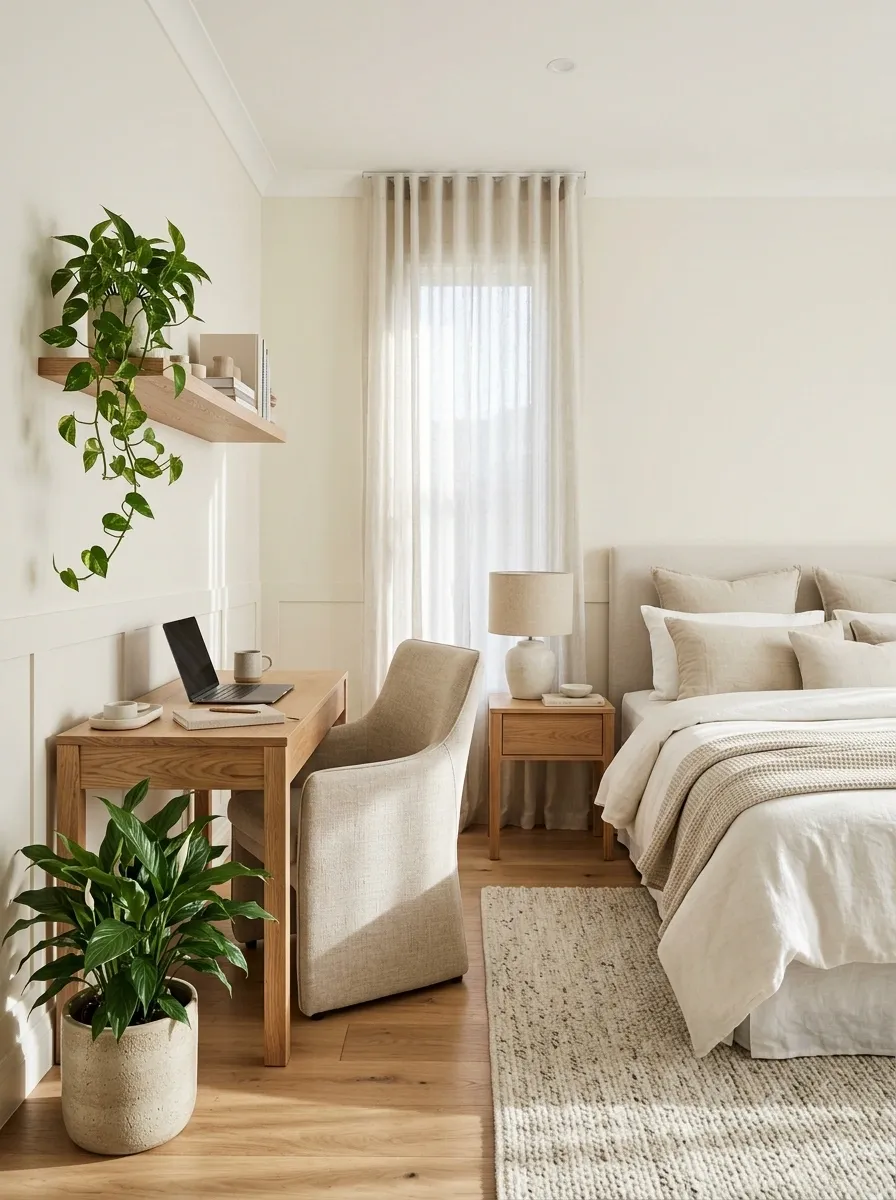 Bedroom With a Small Desk and Greenery-Defined Work Zone