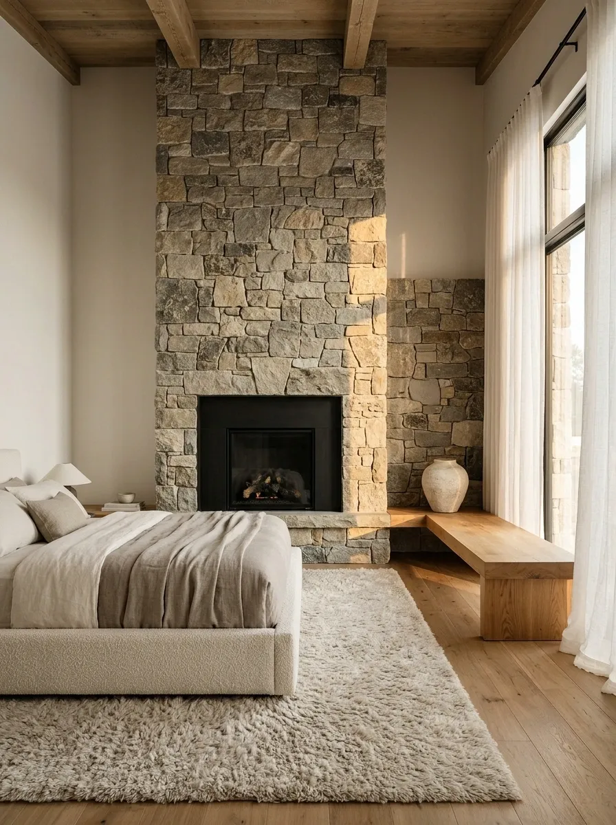 Bedroom With Floor-to-Ceiling Stone Fireplace Wall and Built-In Bench