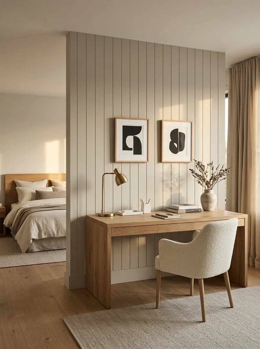 Bedroom Workspace Framed by Wall Paneling