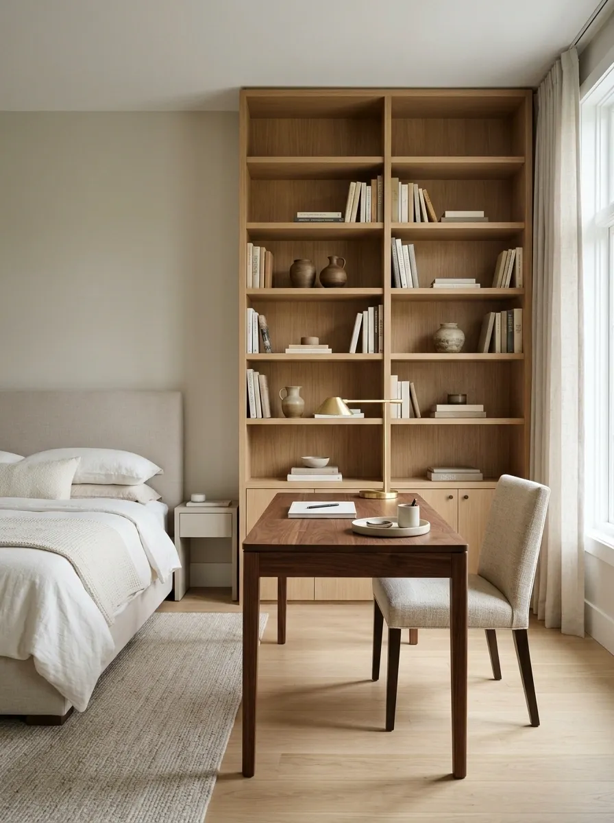 Bedroom Workspace With a Full-Height Bookcase Backdrop