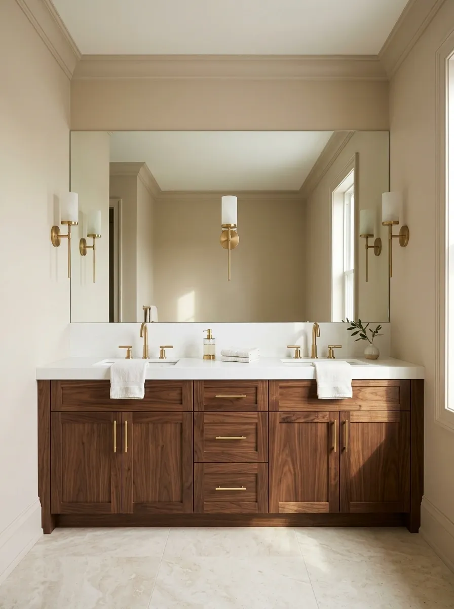 Beige Bathroom With Dark Walnut and Gold Contrast