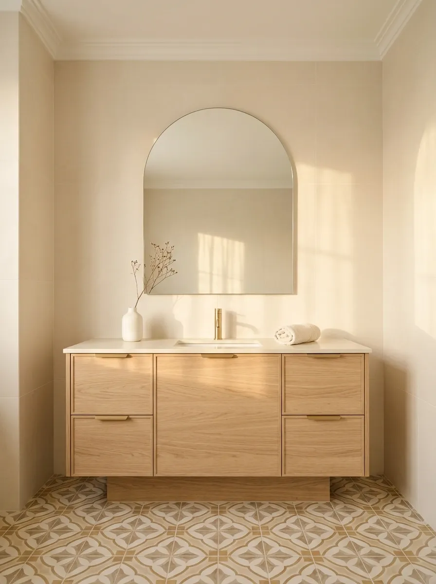 Beige Bathroom With Patterned Floors and Gold Fittings