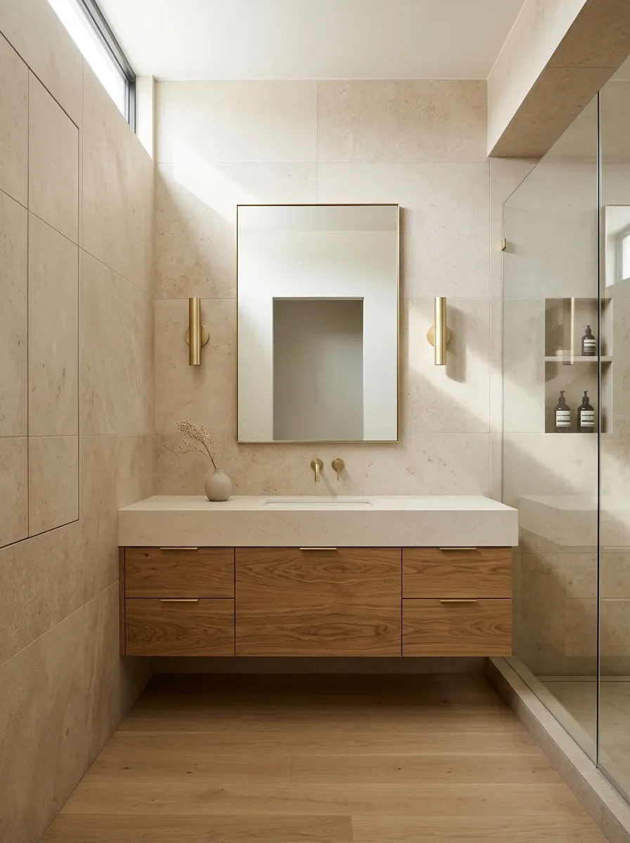 Beige Bathroom With Recessed Storage and Hidden Clutter