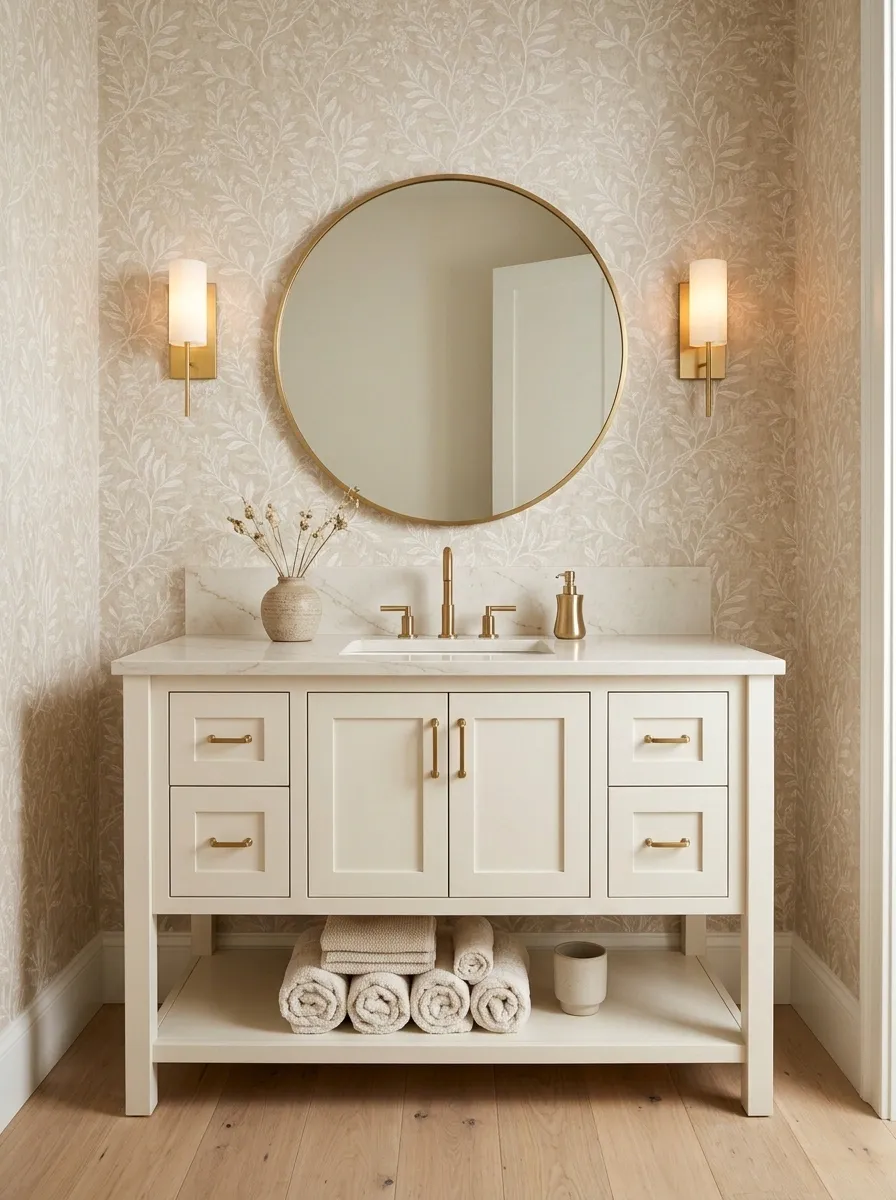 Beige Bathroom With Subtle Patterned Wallpaper and Gold Sconces
