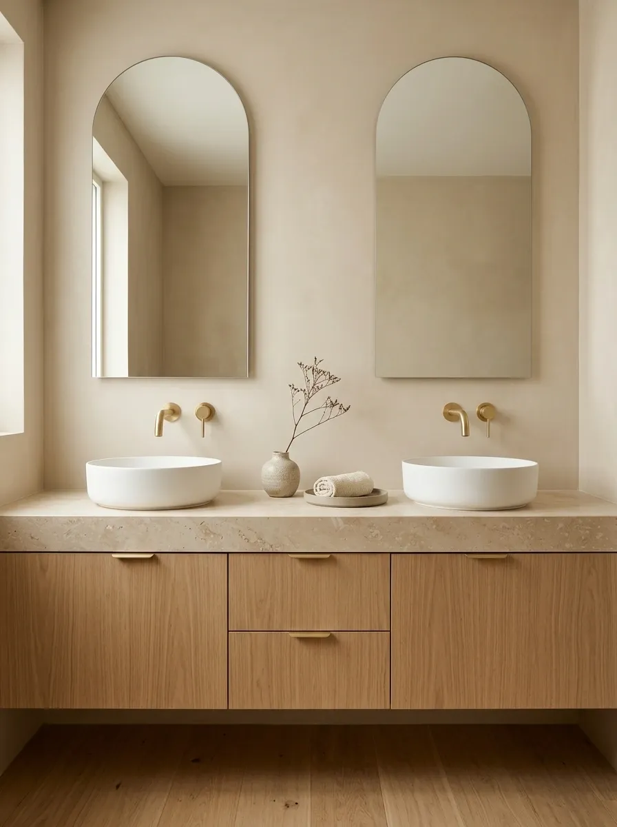 Beige Double-Sink Bathroom With Wall-Mounted Gold Faucets