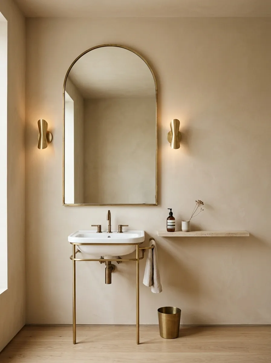 Beige Powder Room With an Oversized Gold Mirror