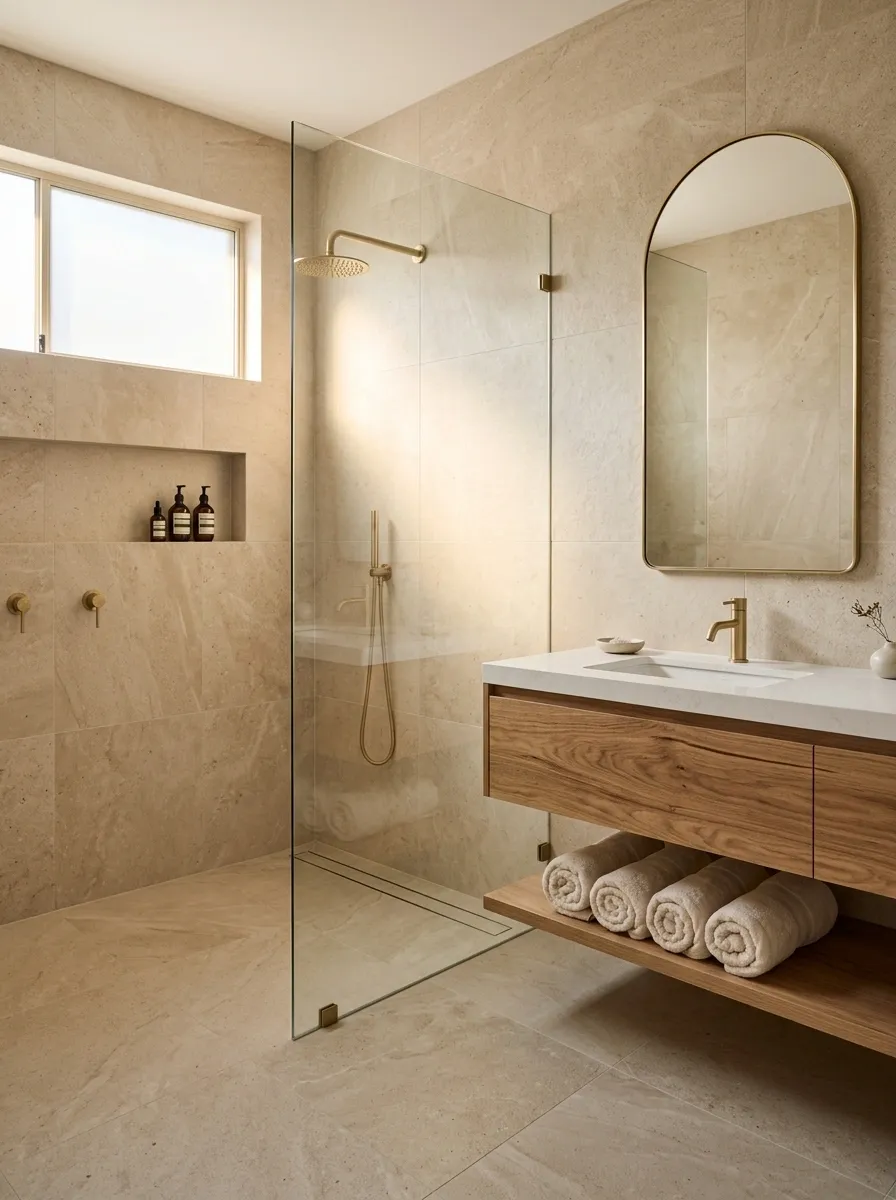Beige Wet-Room Bathroom With Seamless Gold Shower Hardware