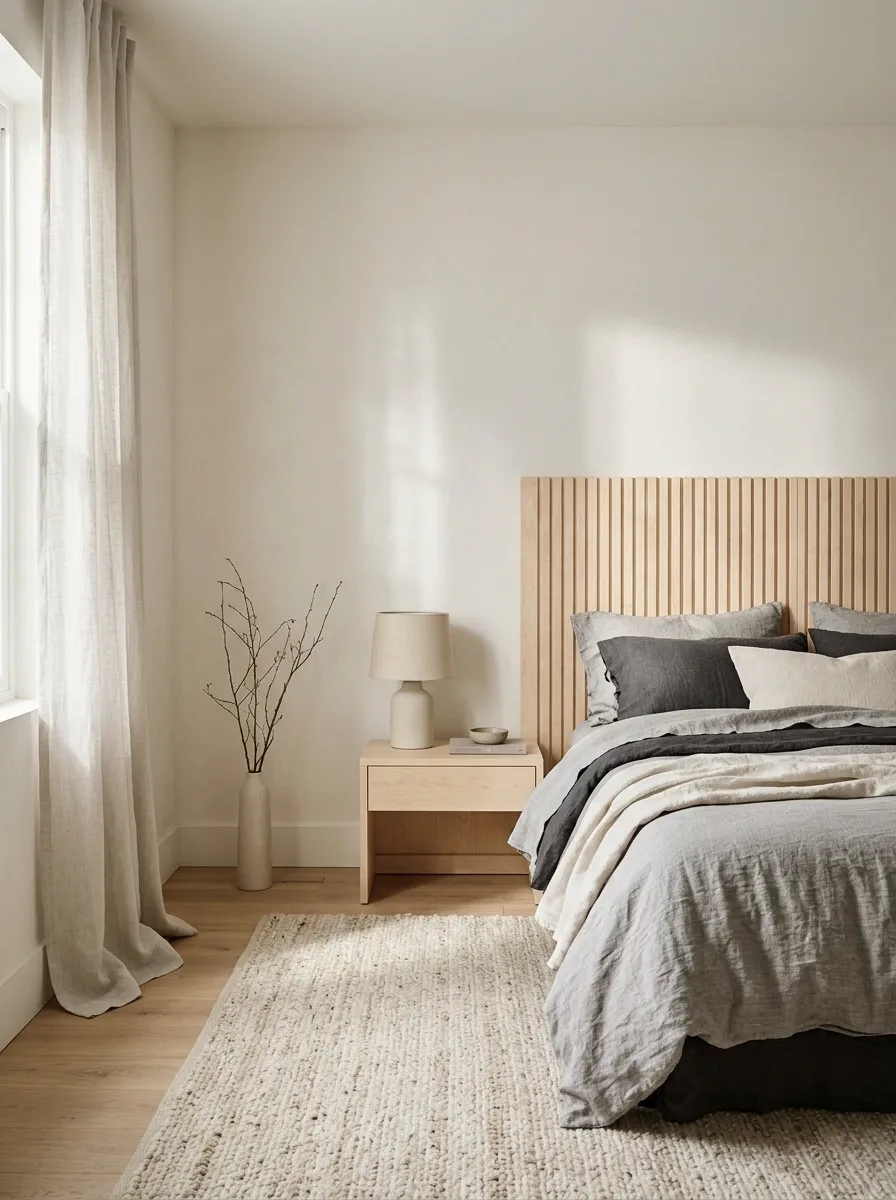 Birch-Toned Bedroom With Pale Timber and Soft Gray Linen