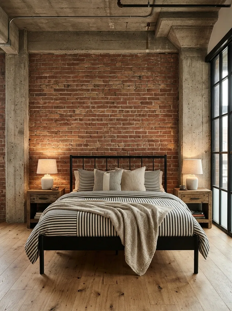 Black and Chalk Stripes in an Industrial Loft Bedroom