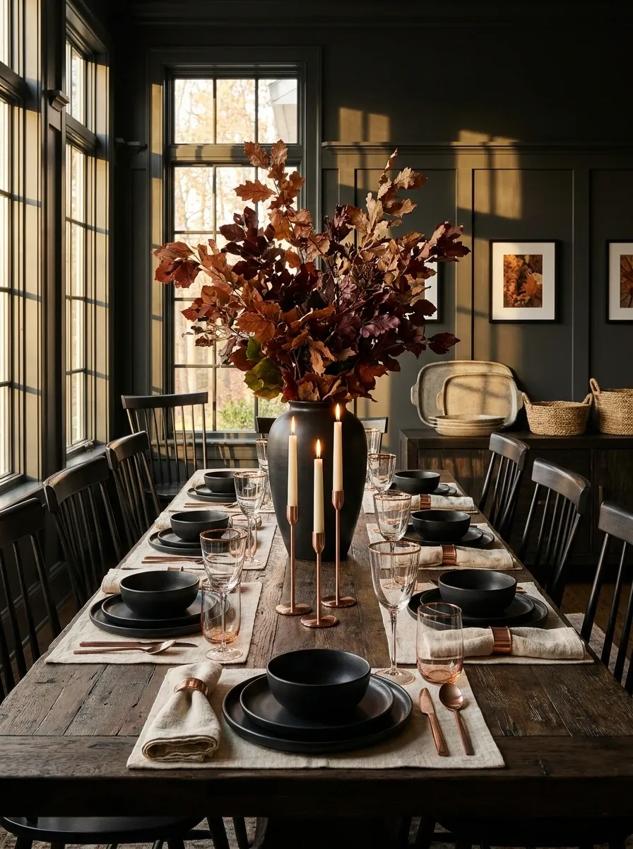 Black and Copper Thanksgiving Table With Dramatic Autumn Foliage