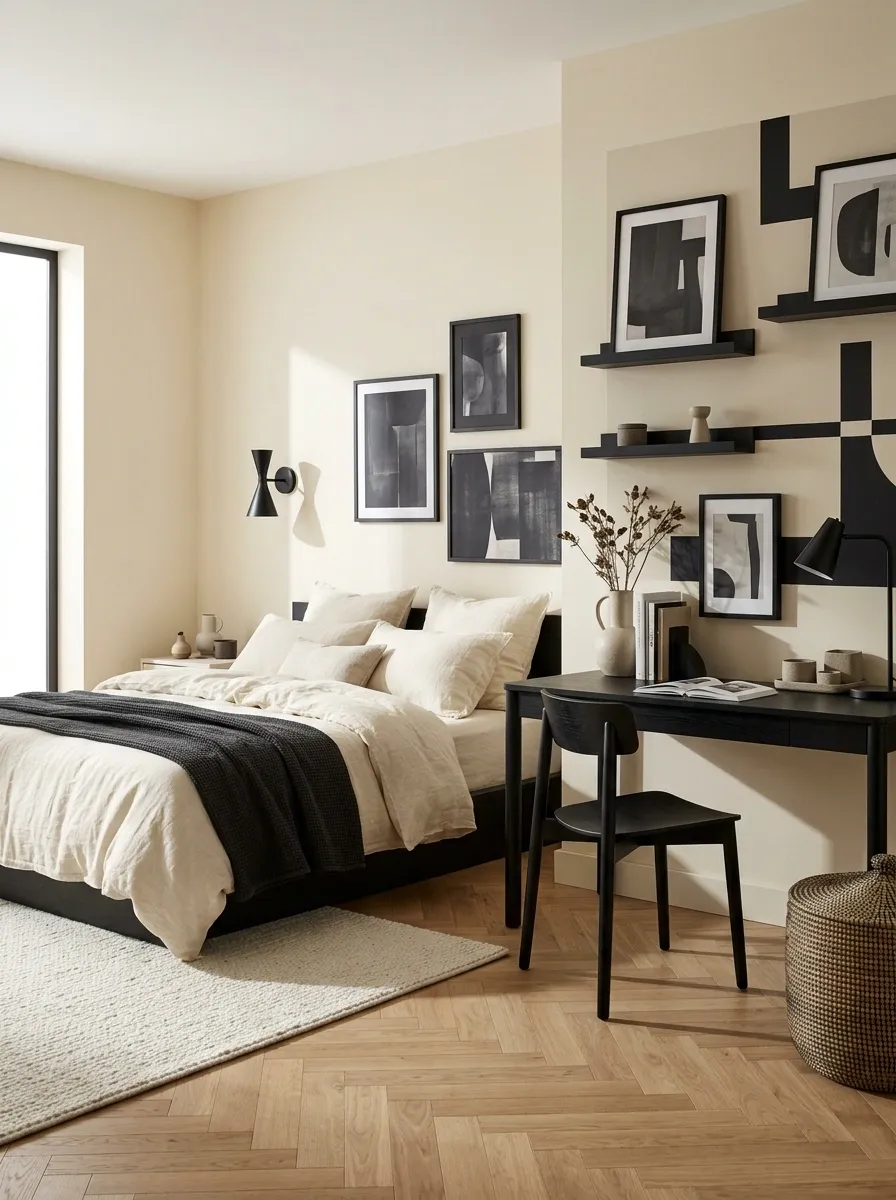 Black-and-Cream Bedroom With a Graphic Desk Wall