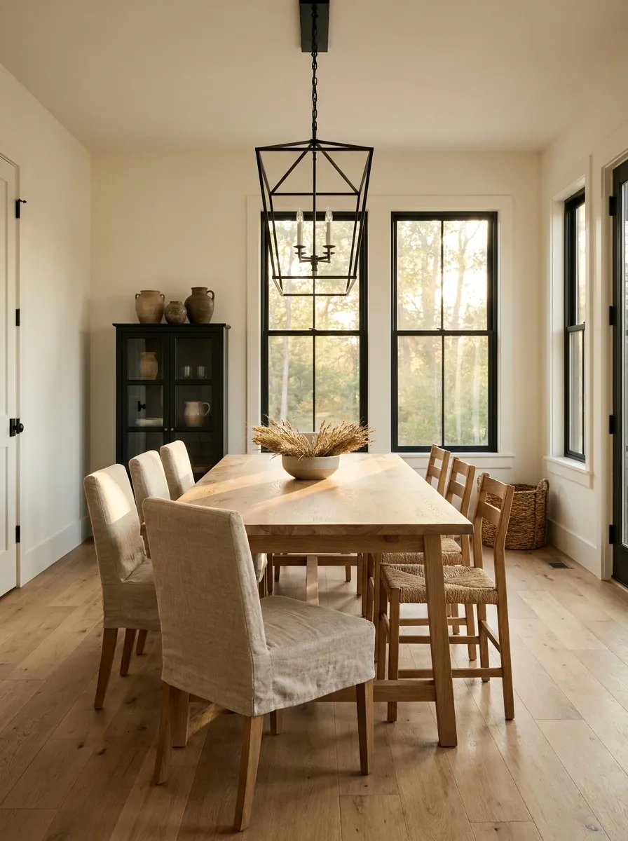 Black-and-Cream Farmhouse Dining Room With Strong Contrast
