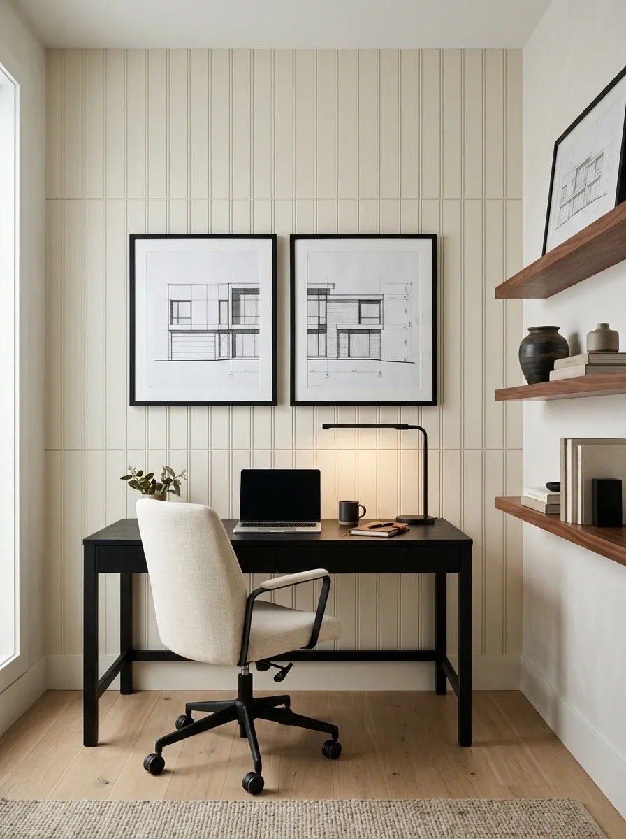 Black-and-Cream Home Office With Beadboard Feature Wall