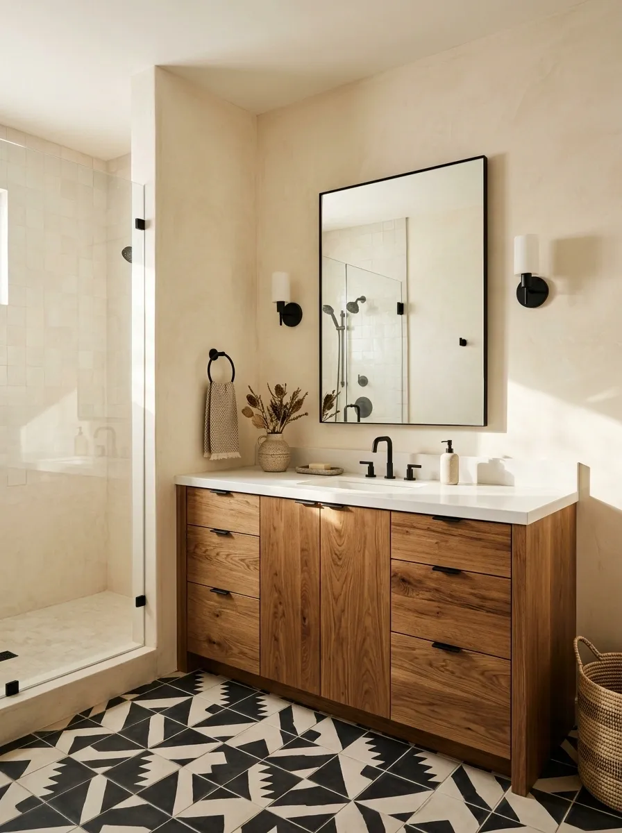 Black-and-Cream Southwestern Bathroom With Geometric Contrast