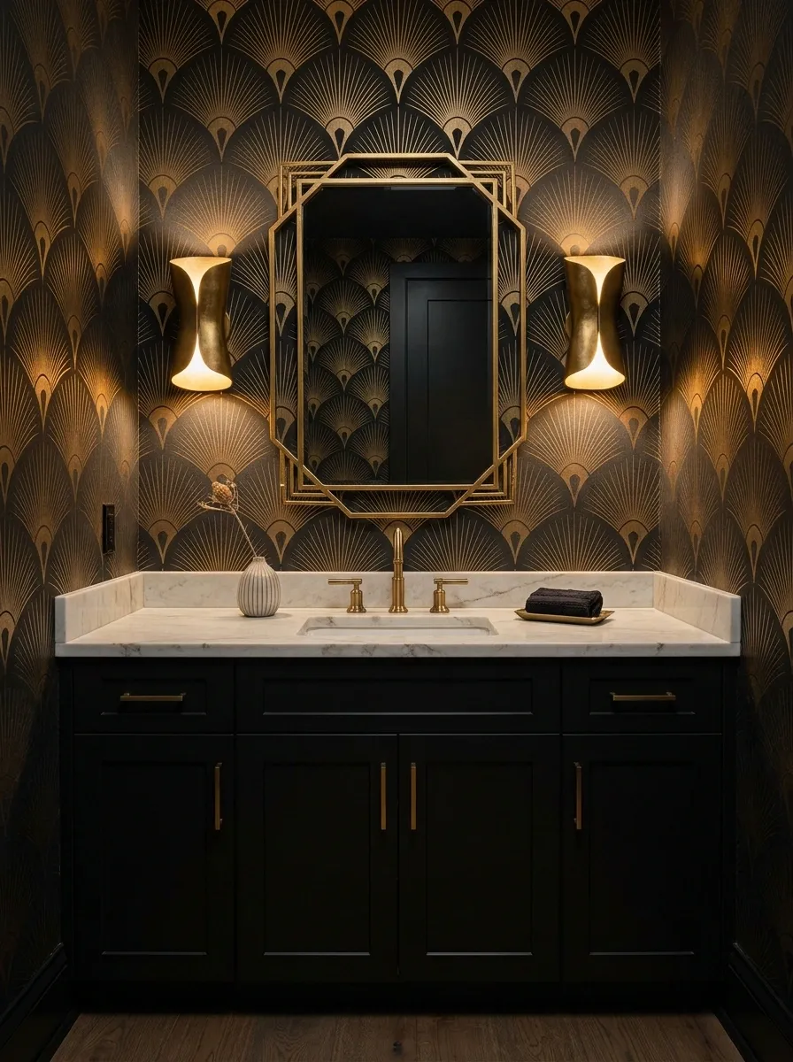 Black and Gold Art Deco Wallpaper in a Glamorous Powder Room