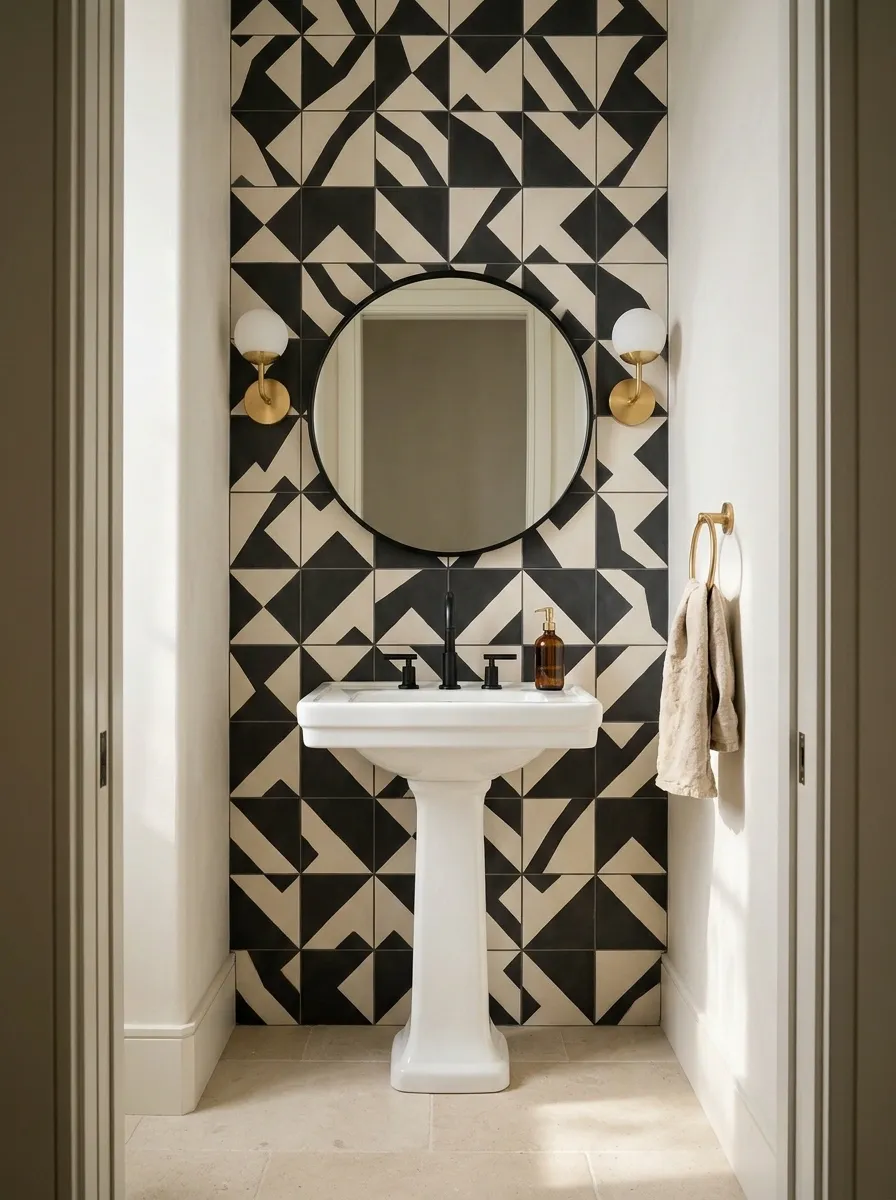 Black-and-Ivory Geometric Tile With a Simple Pedestal Basin
