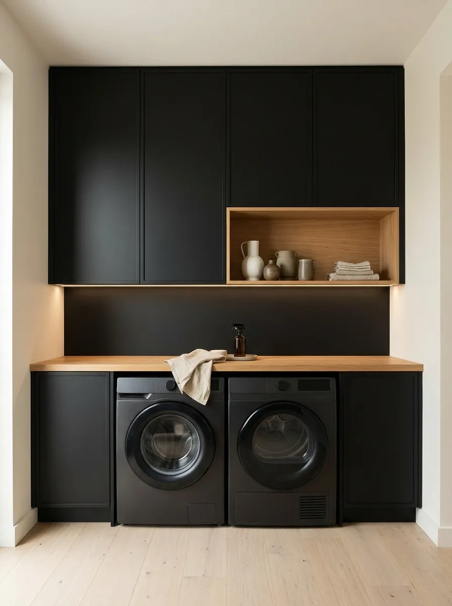 Black-and-Oak Laundry With a Full Wall of Closed Storage