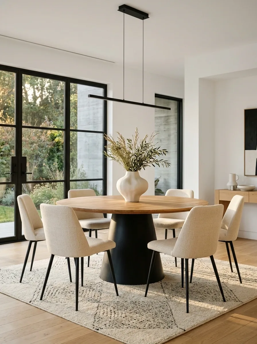 Black-and-Oak Linear Dining Room With Graphic Contrast