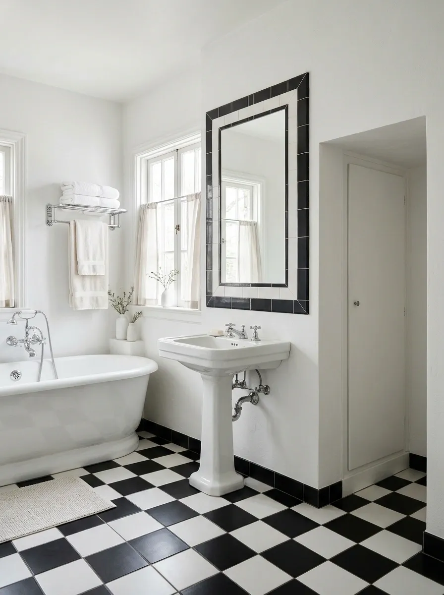 Black-and-White Bathroom With a Rounded Tub and a Tile-Framed Mirror