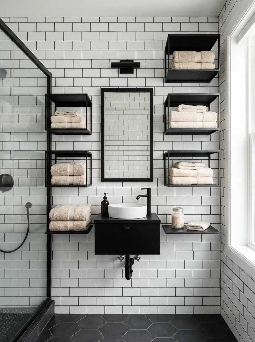 Black-and-White Bathroom With Graphic Towel Shelving