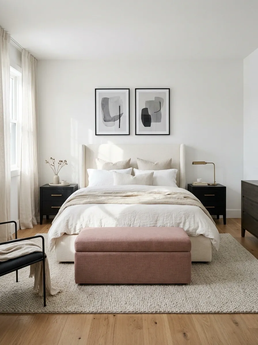 Black-and-White Bedroom With a Single Dusty Rose Accent