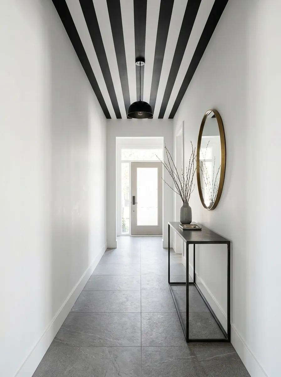 Black-and-White Ceiling Stripes in a Contemporary Entryway