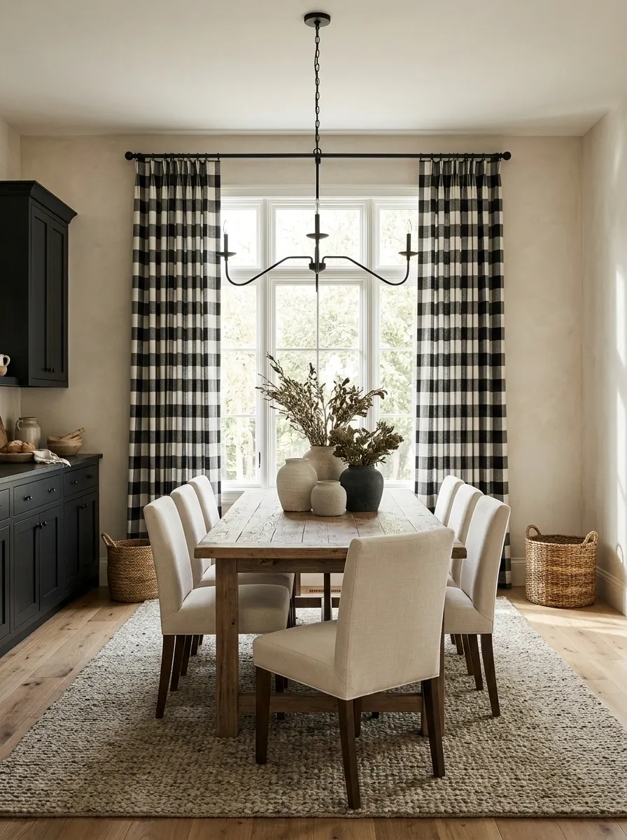 Black-and-White Check Curtains in a Modern Farmhouse Dining Area