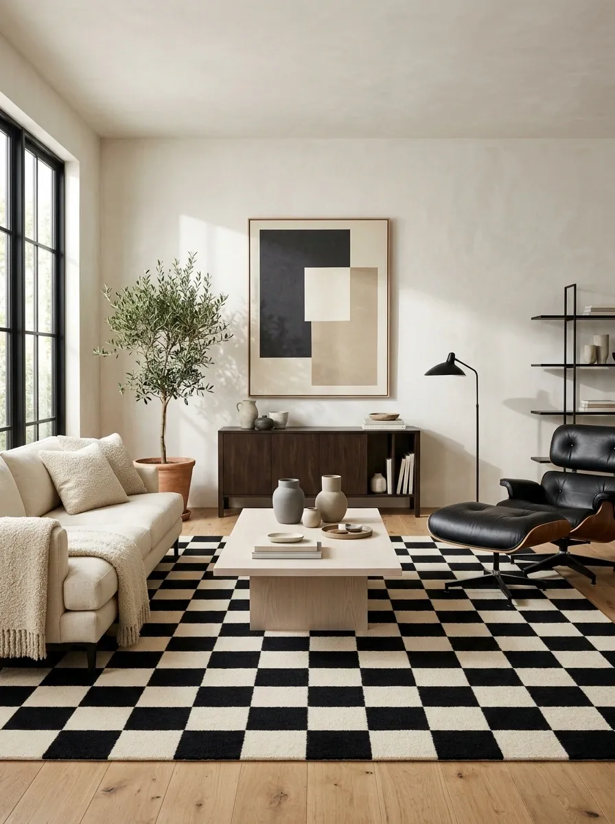 Black-and-White Checkerboard Rug With Quiet Furniture