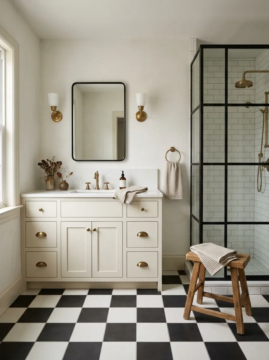 Black-and-White Farmhouse Bathroom With Checkerboard Flooring