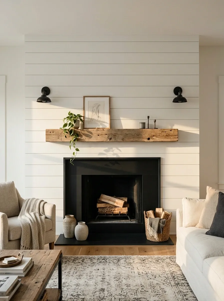 Black-and-White Farmhouse Fireplace With a Rustic Wood Mantel