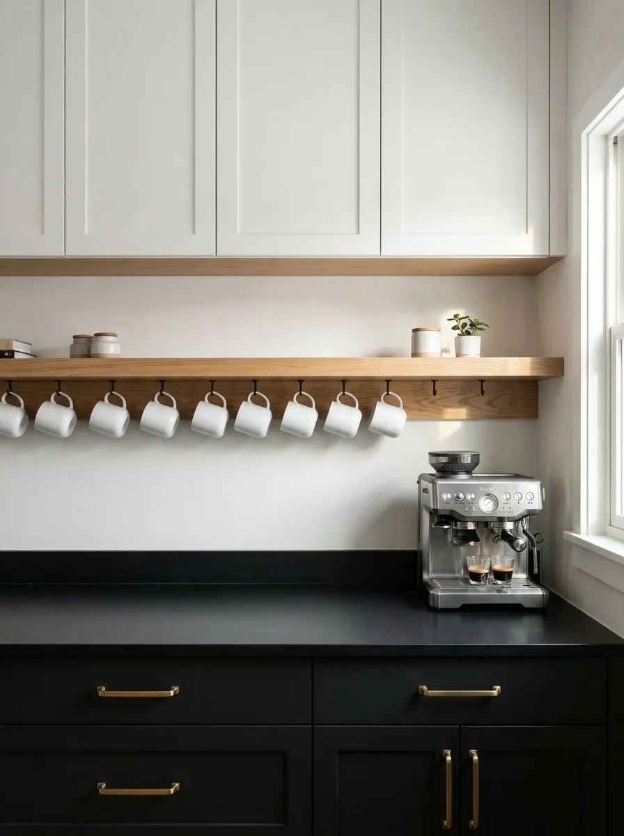 Black-and-White Galley Coffee Station With Under-Shelf Hooks