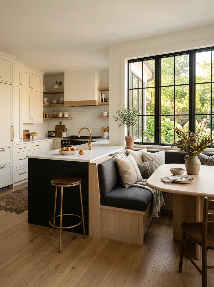 Black and White Kitchen With a Built-In Banquette