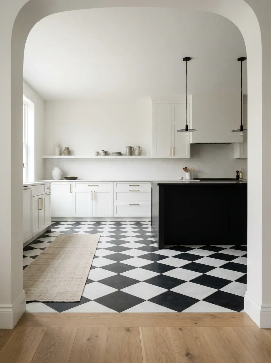 Black and White Kitchen With Checkerboard Flooring