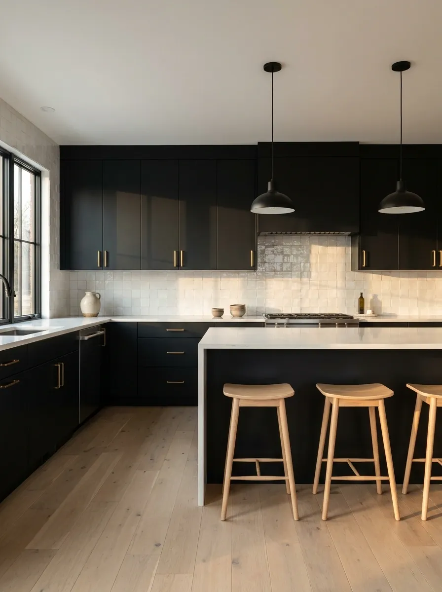 Black and White Kitchen With Handmade White Tile
