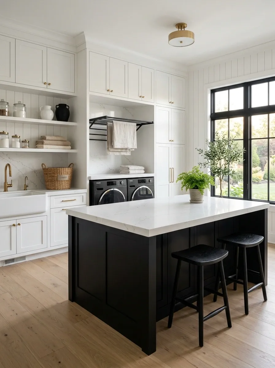 Black-and-White Laundry Room With a Dedicated Folding Island