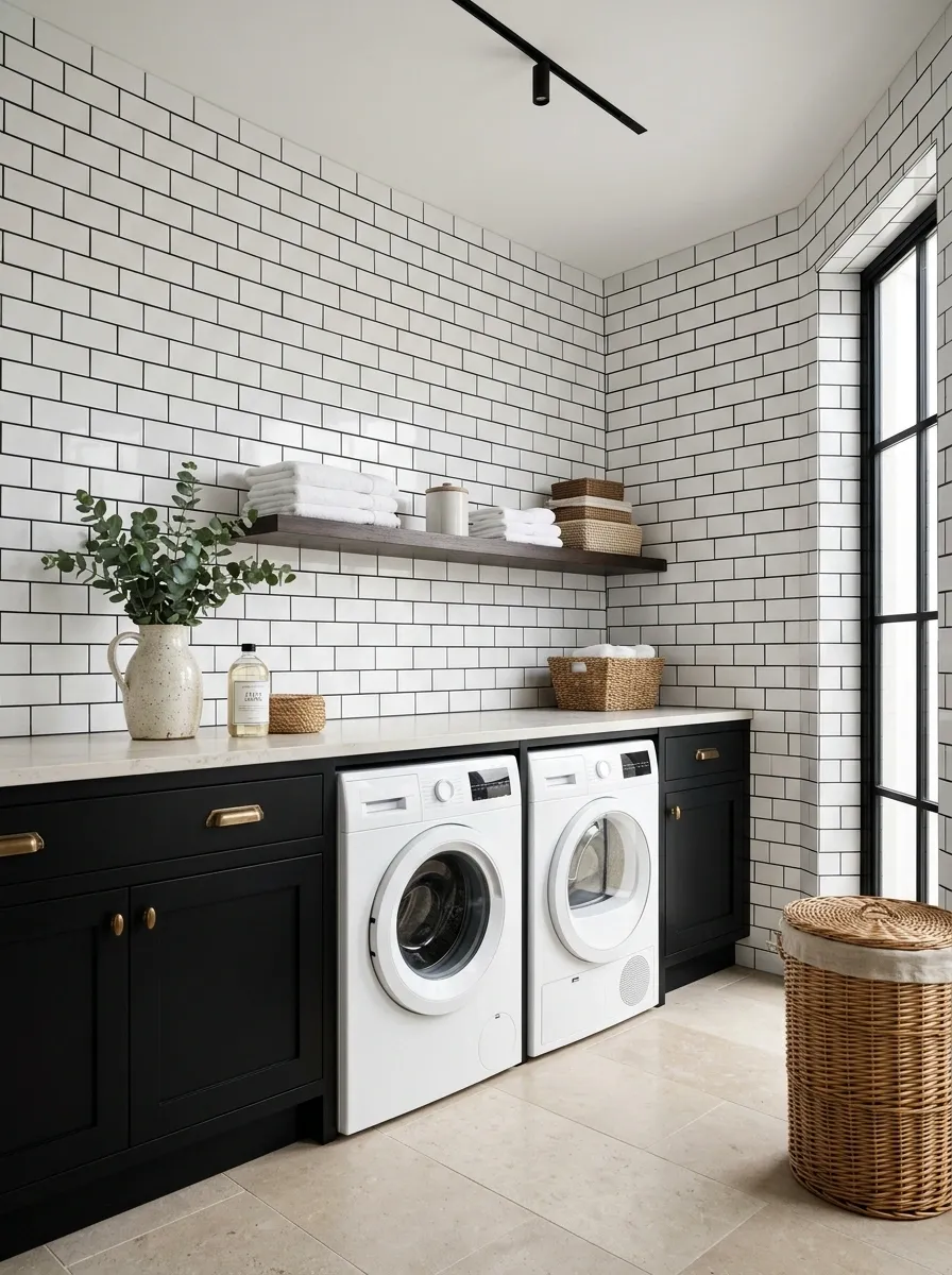 Black-and-White Laundry Room With Full-Height Subway Tile
