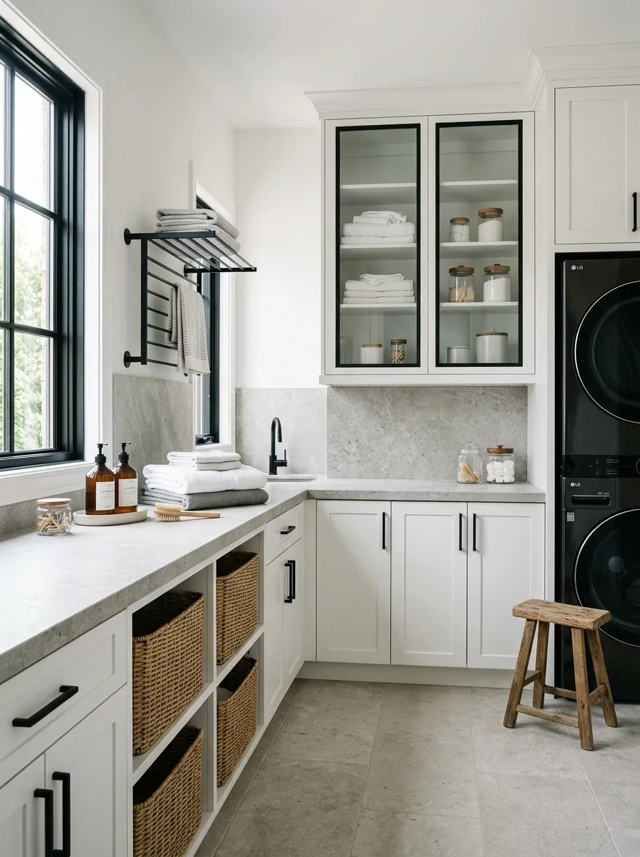 Black-and-White Laundry Room With Soft Limestone Texture