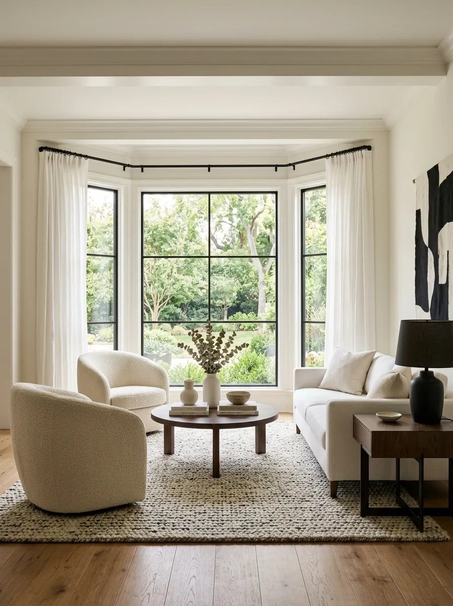 Black-and-White Living Room With a Bay Window