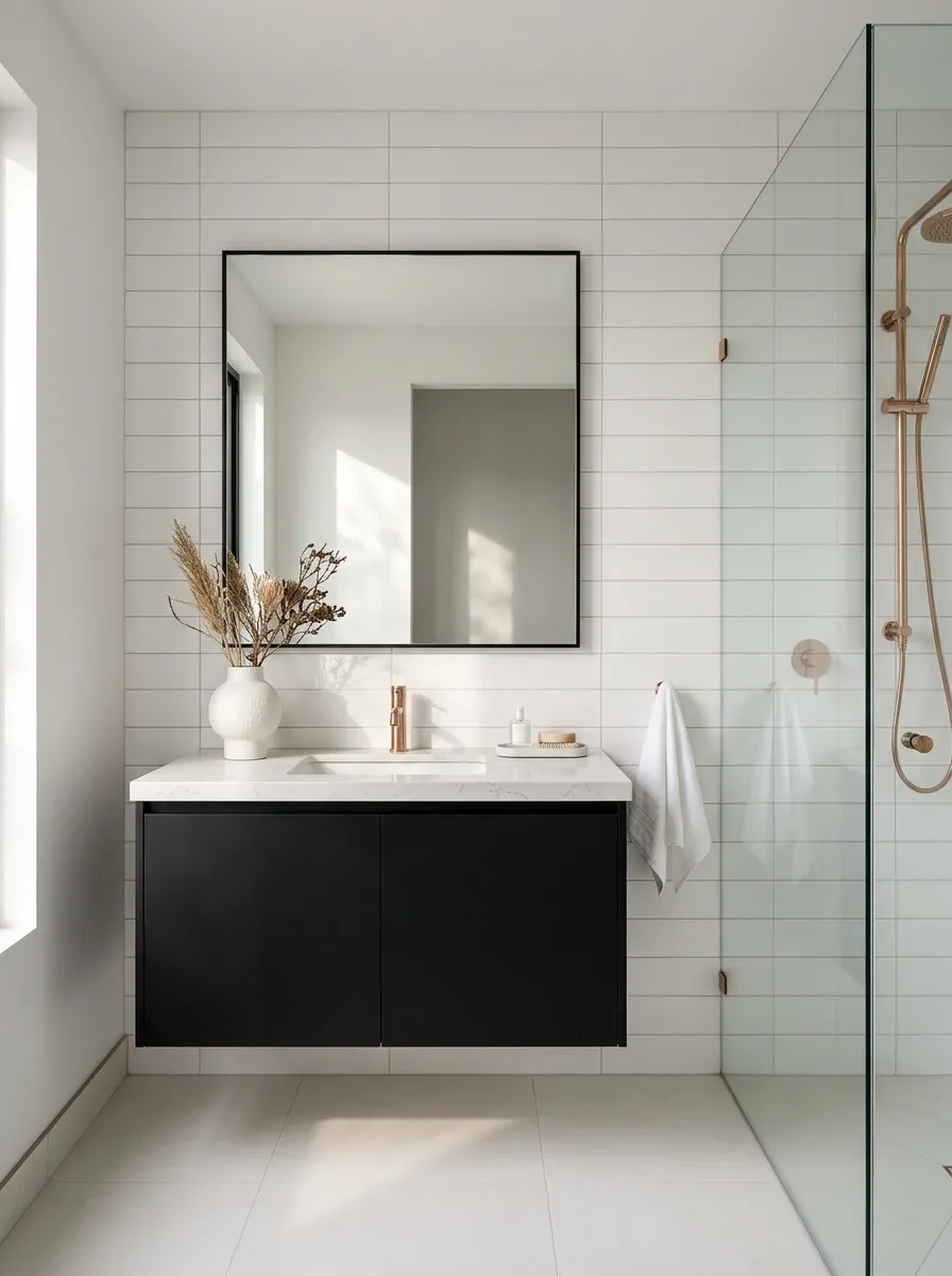 Black-and-White Minimal Bathroom With Rose Gold Accents