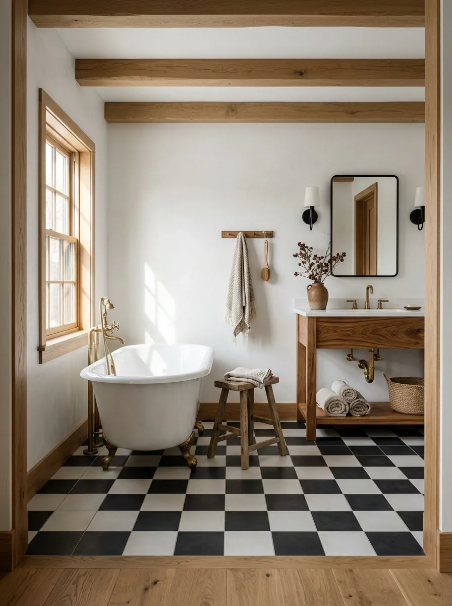 Black and White Ranch Bathroom With a Checkerboard Floor