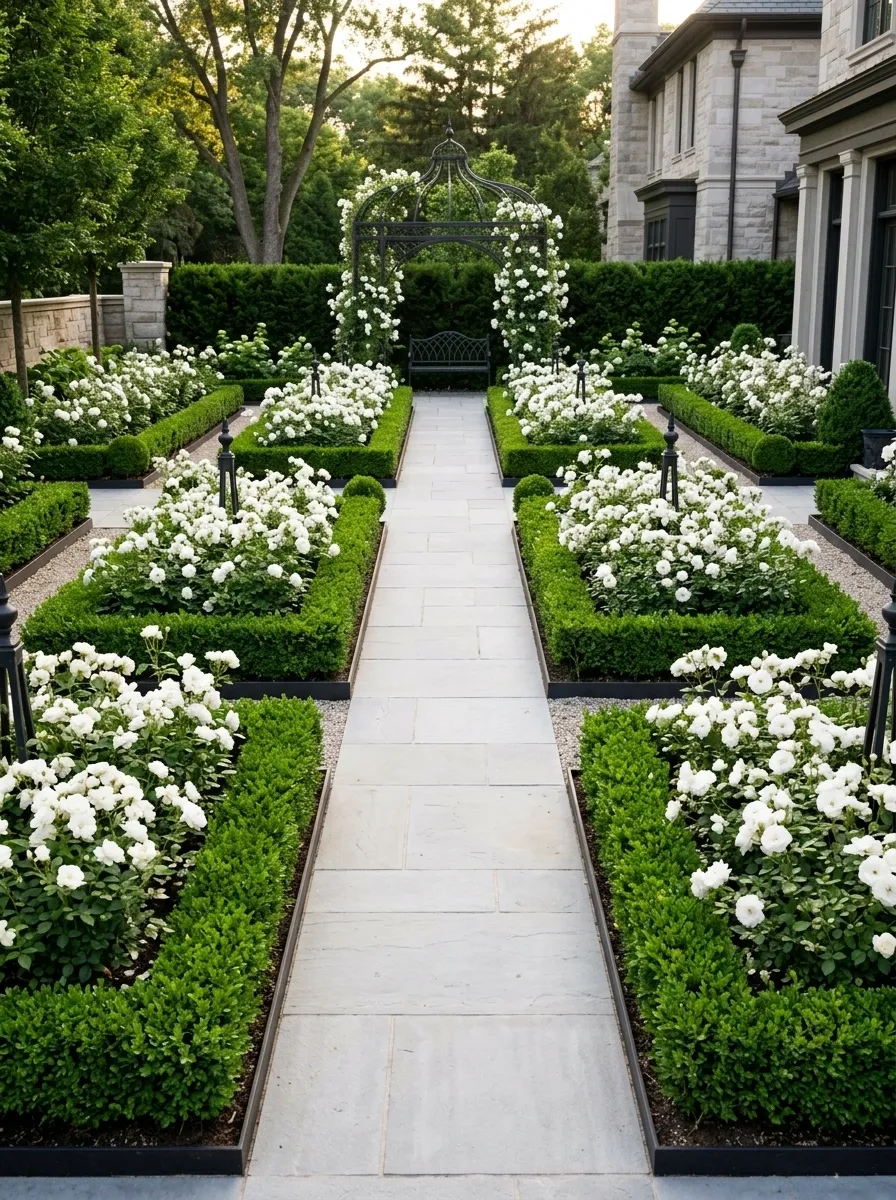 Black-and-White Rose Garden With Structured Boxwood