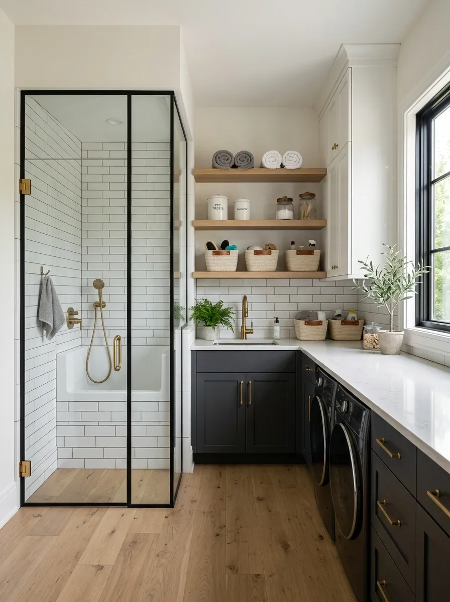 Black-and-White Utility Room With a Built-In Pet Wash Zone