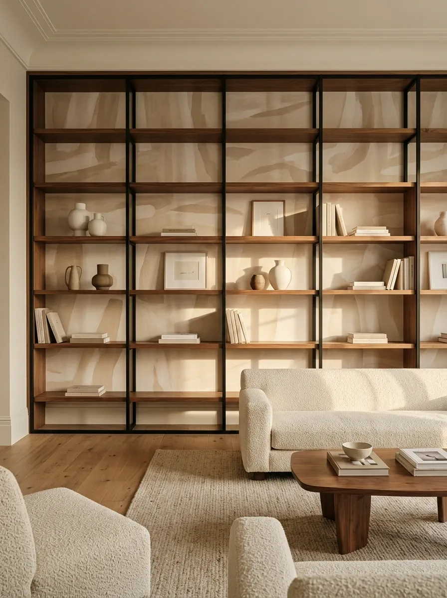 Black-and-Wood Built-In With Soft Abstract Wallpaper Behind the Shelves