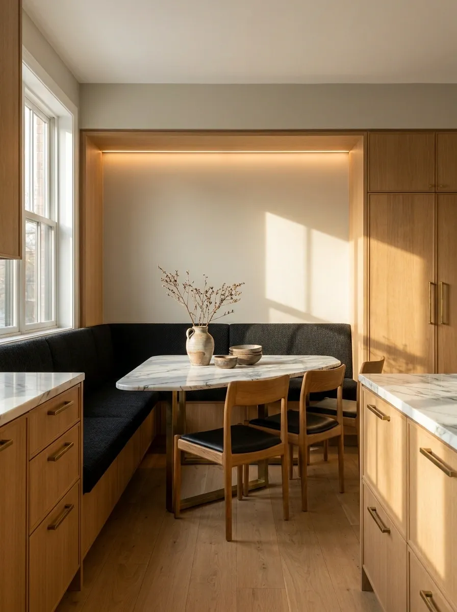 Black Banquette With Marble Table in a Sophisticated Kitchen